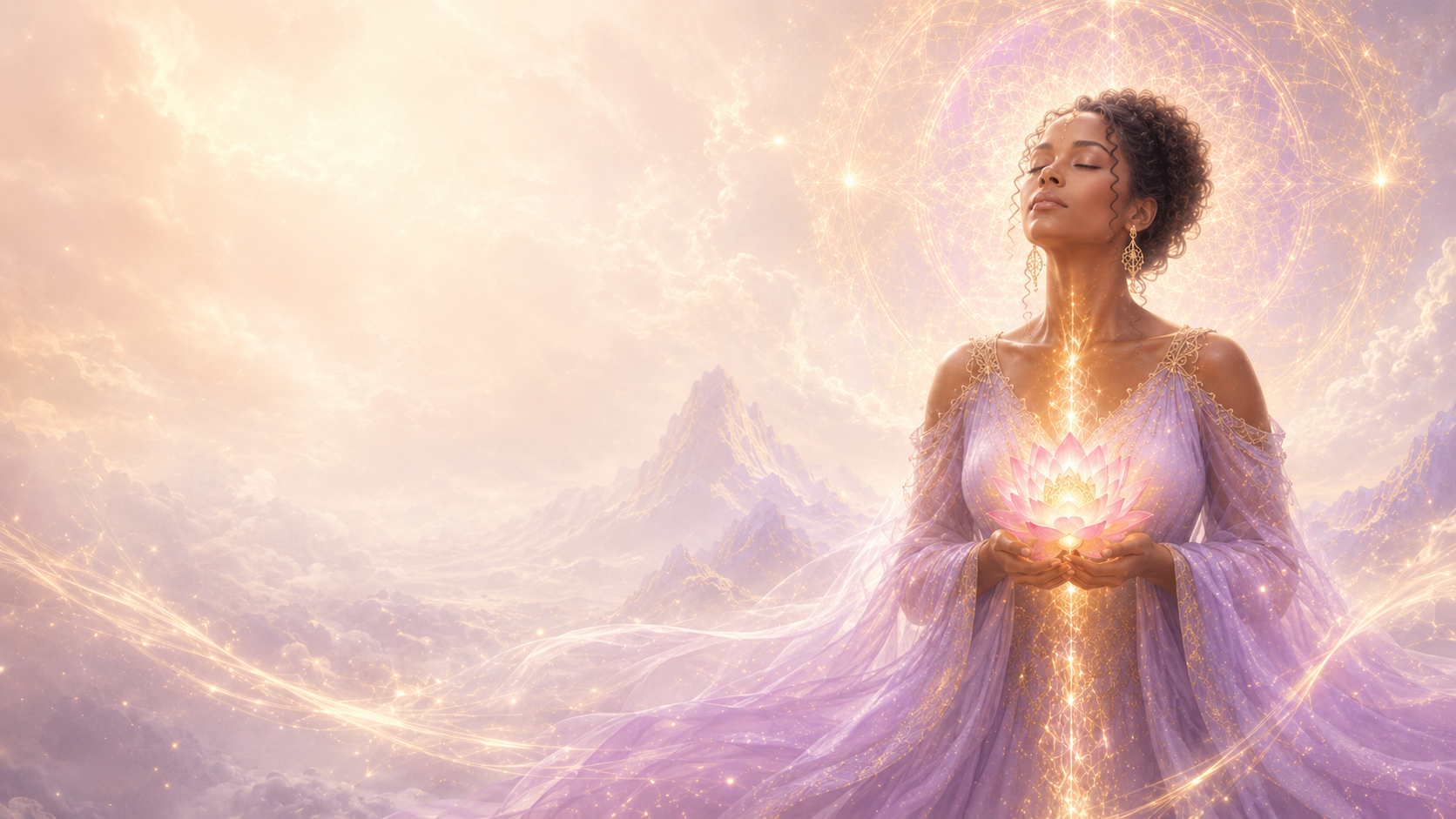 A woman holding glowing light in a soft luminous landscape