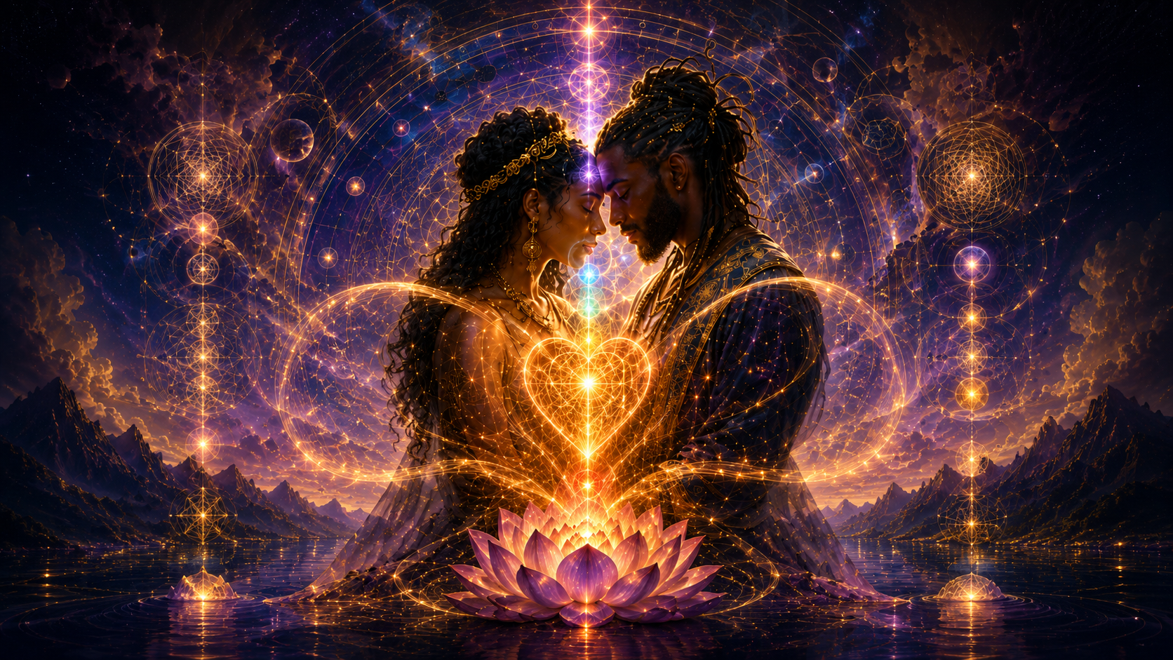 Two figures joined through a luminous heart within cosmic sacred geometry