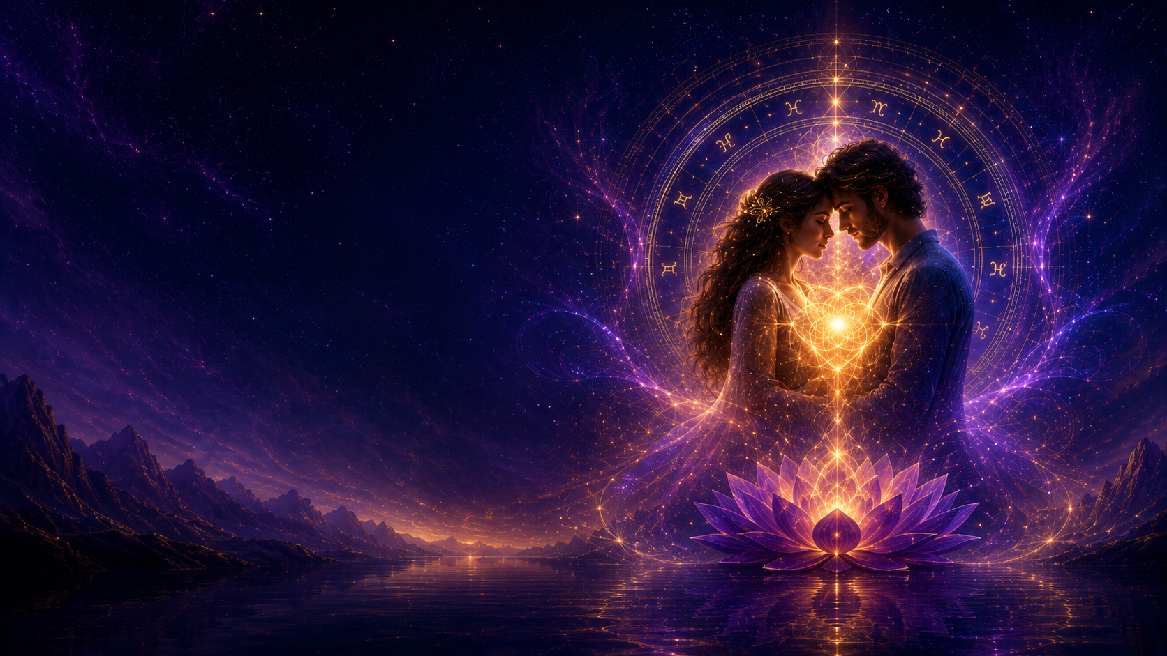 Two figures connected within a luminous violet and gold field