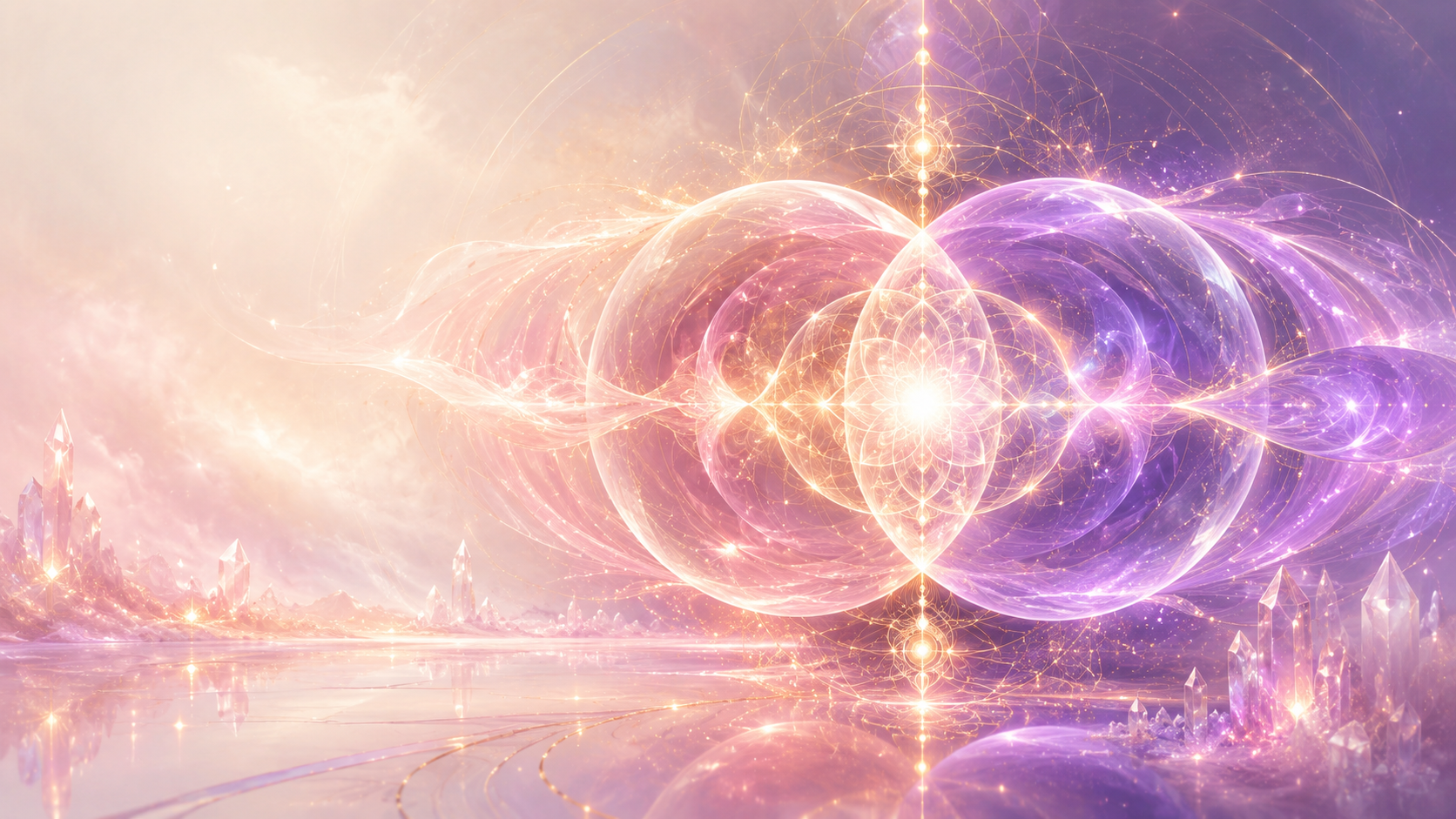 Two figures connected through a luminous heart and lotus field