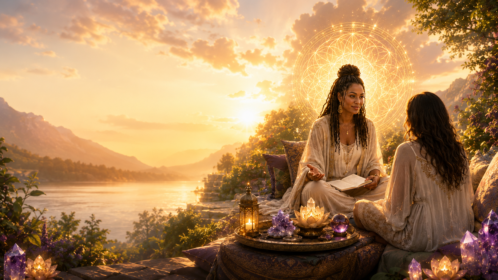 Two women in a calm spiritual guidance conversation beside a lake