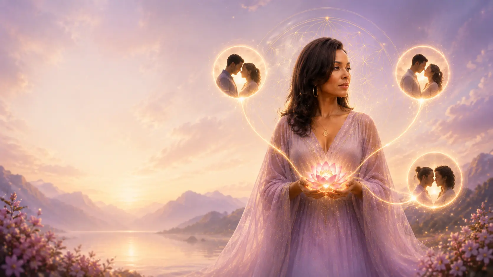 A woman holding a glowing lotus while three connection fields form a luminous comparison map