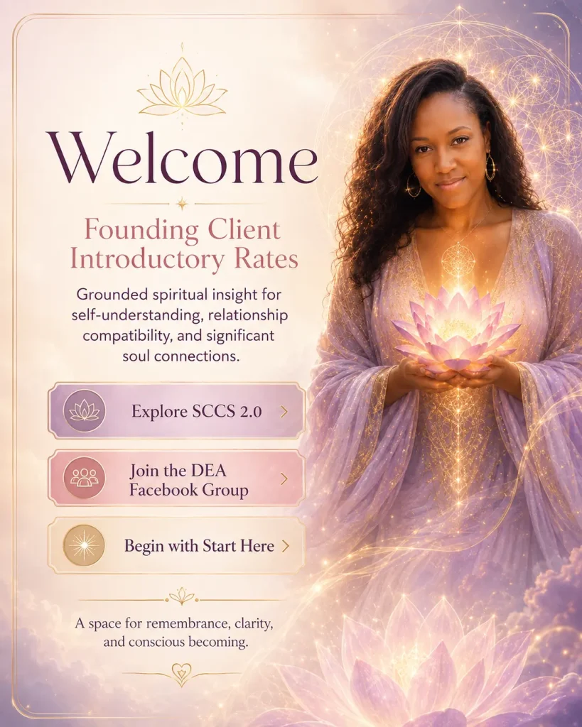 Divine Essence Ascension welcome graphic with founding client introductory rates and paths to SCCS 2.0, the DEA Facebook group, and Start Here
